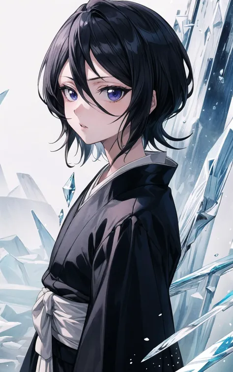 <lora:Rukia:0.9>,black hair,1girl,short hair,solo,hair between eyes,looking at viewer,blue eyes,japanese clothes,best quality,masterpiece,highres,high quality,<lora:add_detail:0.7>,black kimono,purple eyes,detailed ice,