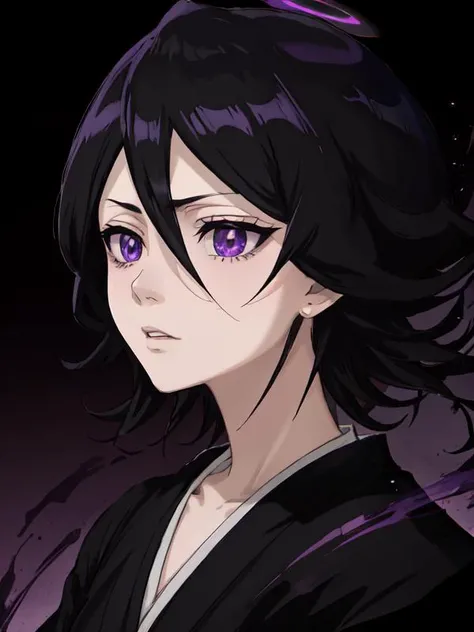 <lora:bleachRukia_v10:1>, rukia kuchiki, Highly detailed portrait, purple eyes, black hair, short white T-shirt, open belly, hands hidden behind the back, leaning forward, playful look, smile, face focus, body in focus, (the whole body:1.3), gradient purple, black, blue and purple color scheme