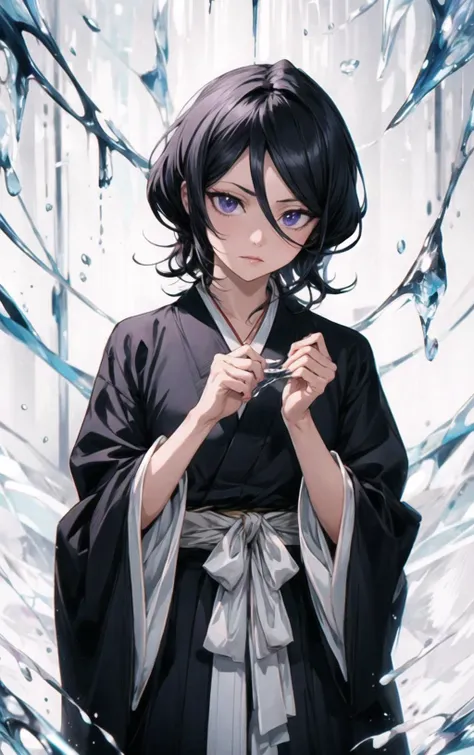 <lora:Rukia:0.9>,black hair,1girl,short hair,solo,hair between eyes,looking at viewer,blue eyes,japanese clothes,best quality,masterpiece,highres,high quality,perfect hands,<lora:add_detail:0.7>,black kimono,purple eyes,detailed ice,