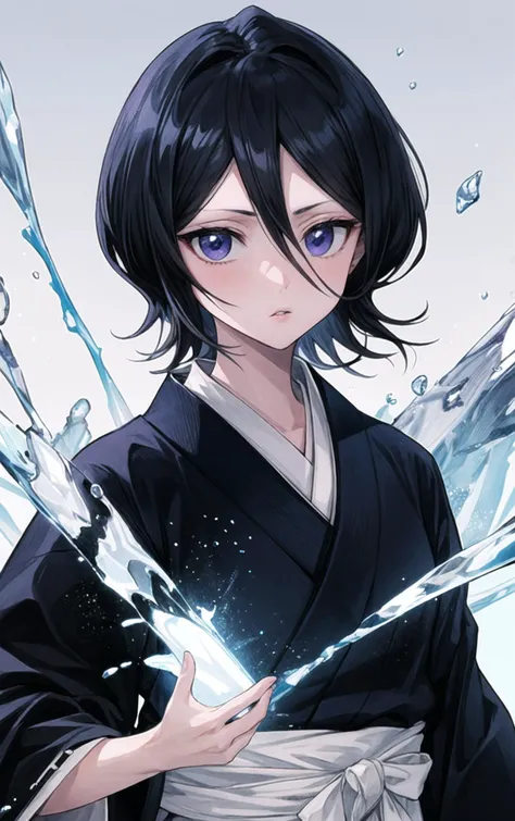 <lora:Rukia:0.9>,black hair,1girl,short hair,solo,hair between eyes,looking at viewer,blue eyes,japanese clothes,best quality,masterpiece,highres,high quality,<lora:add_detail:0.7>,black kimono,purple eyes,detailed ice,