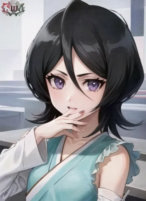 ((best quality)), ((highly detailed)), masterpiece, ((official art)), extremely detailed face, beautiful face, (detailed eyes, deep eyes), (1girl), <lora:ojouSamaPoseConcept_v10:1>, ojou-sama pose, hand to own mouth, <lora:bleachRukia_v10:.75>, kuchiki rukia, short hair, black hair, purple eyes, small breasts