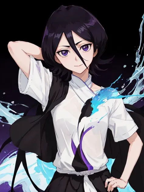 <lora:bleachRukia_v10:1>, rukia kuchiki, Highly detailed portrait, purple eyes, black hair, short white T-shirt, open belly, hands hidden behind the back, leaning forward, playful look, smile, face focus, body in focus, (the whole body:1.3), gradient purple, black, blue and purple color scheme