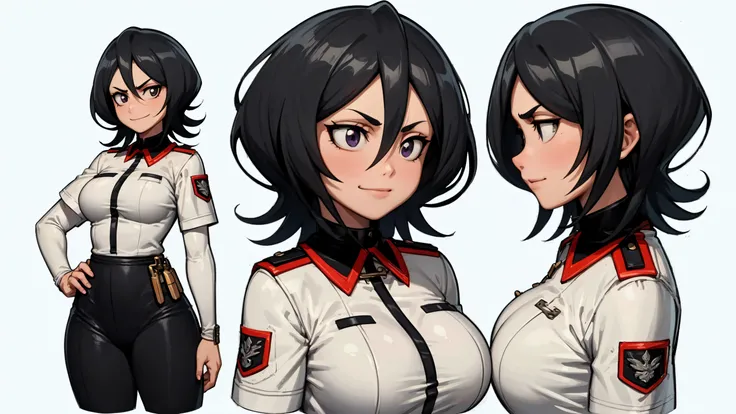 (CharacterSheet:1),1girl, <lora:Rukia:1>, anime screencap, 1girl, solo, short hair, black hair, purple eyes, hair between eyes, cowboy shot, (best quality), (ultra-detailed), (best illustration), (best shadow), masterpiece, high res, (smug smile), (police uniform:1.4), big breasts, (very big ass) , black hair, purple eyes, (low angle view),
, (multiple views, full body, upper body, reference sheet:1), back view, front view, (white background, simple background:1.2),(dynamic_pose:1.2), (masterpiece:1.2), (best quality, highest quality), (ultra detailed), (8k, 4k, intricate), (50mm), (highly detailed:1.2),(detailed face:1.2), detailed_eyes,(gradients),(ambient light:1.3),(cinematic composition:1.3),(HDR:1),Accent Lighting,extremely detailed,original, highres,(perfect_anatomy:1.2), <lora:CharacterDesign_Concept:0.55>