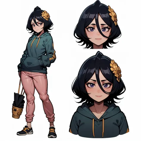 (CharacterSheet:1)<lora:Rukia:1>, ,anime screencap, hand on hip, short hair, black hair, purple eyes, hair between eyes, cowboy shot, (best quality), (ultra-detailed), (best illustration), (best shadow), masterpiece, high res, (loose wrinkly pink jogging pants, loose wrinkly blue hoodie:1.4), (basecap hat) , holding a hoe, smile, furrowed eyebrows, (butt:1.3), black hair, purple eyes, (thick thighs), small breasts , (multiple views, full body, upper body, reference sheet:1), back view, front view, (white background, simple background:1.2),(dynamic_pose:1.2), (masterpiece:1.2), (best quality, highest quality), (ultra detailed), (8k, 4k, intricate), (50mm), (highly detailed:1.2),(detailed face:1.2), detailed_eyes,(gradients),(ambient light:1.3),(cinematic composition:1.3),(HDR:1),Accent Lighting,extremely detailed,original, highres,(perfect_anatomy:1.2), <lora:CharacterDesign_Concept:0.55>