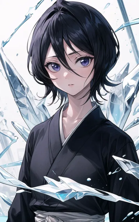 <lora:Rukia:0.9>,black hair,1girl,short hair,solo,hair between eyes,looking at viewer,blue eyes,japanese clothes,best quality,masterpiece,highres,high quality,<lora:add_detail:0.7>,black kimono,purple eyes,detailed ice,