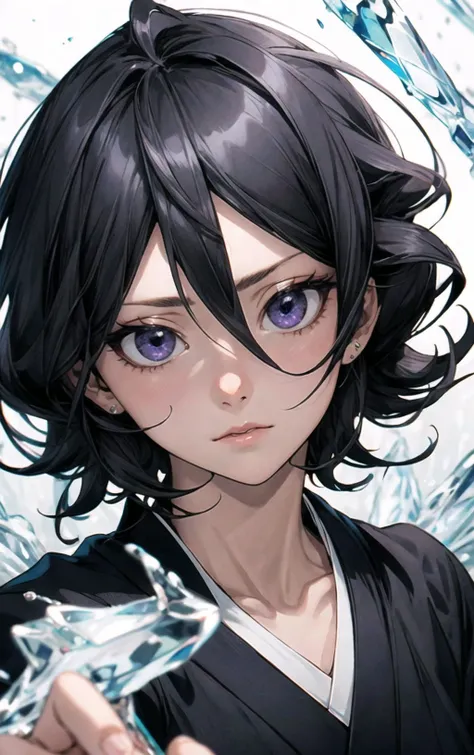 <lora:Rukia:0.9>,black hair,1girl,short hair,solo,hair between eyes,looking at viewer,blue eyes,japanese clothes,best quality,masterpiece,highres,high quality,perfect hands,<lora:add_detail:0.7>,black kimono,purple eyes,detailed ice,