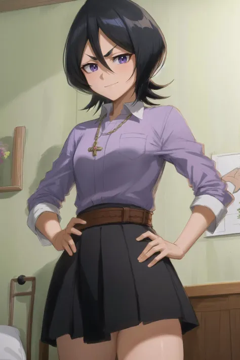 <lora:bleachRukia_v10:1>, ,anime screencap, forest,path, 1girl, solo, hand on hip, short hair, black hair, purple eyes, hair between eyes, cowboy shot, (best quality), (ultra-detailed), (best illustration), (best shadow), masterpiece, high res, (solo, 1girl), dominatrix, smug smile, furrowed eyebrows, chains, dark bedroom, small breasts, standing next to bed, black hair, purple eyes, (low angle view), mob cap