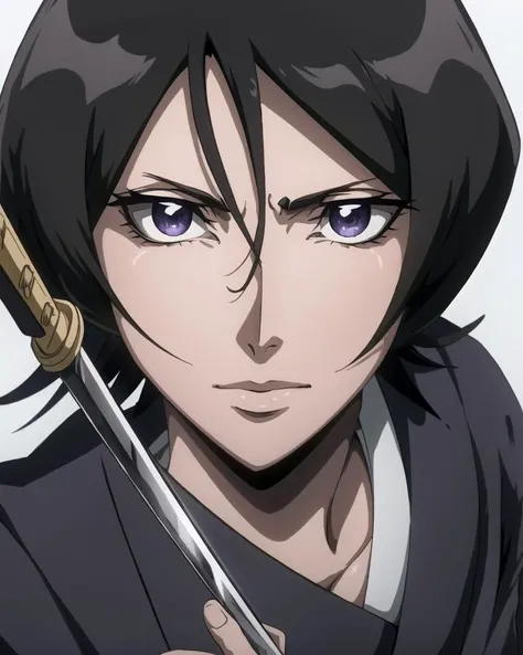 ((best quality)), ((highly detailed)), masterpiece, detailed face, beautiful face, (detailed eyes, deep eyes), (1girl), cowboy shot, <lora:bleachRukia_v10:.95>, kuchiki rukia, short hair, black hair, purple eyes, small breasts, japanese clothes, hakama pants, black kimono, sash, weapon, sword, katana, <lora:castlevania_style_offset:.9>