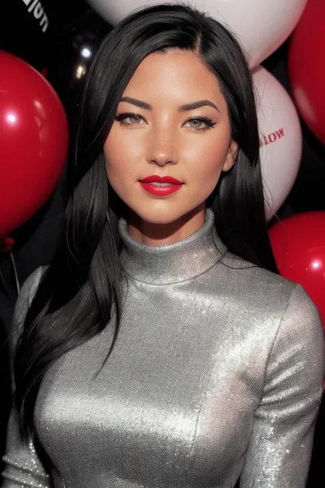 oliviamunn, ((red lipstick, eye shadow, eyeliner, blush)), ((detailed eyes, beautiful eyes, detailed face, beautiful face):1.2), ,photo of a woman, ,fashion portrait photo of a woman from the 60s wearing a red turtleneck standing in the middle of a ton of balloons, taken on a hasselblad medium format camera