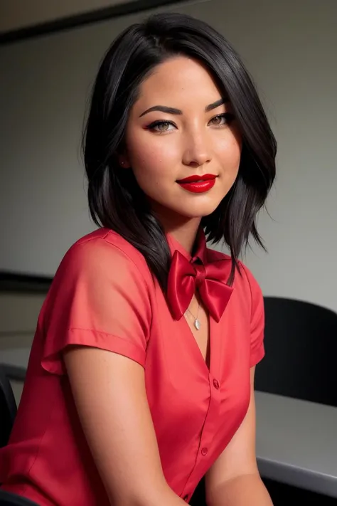 oliviamunn, ((red lipstick, eye shadow, eyeliner, blush)), ((detailed eyes, beautiful eyes, detailed face, beautiful face):1.2), ,photo of a woman, RAW, ((bowtie, shirt)),((short hair)), ((classroom, sitting)), slim body, 8k uhd, dslr, soft lighting, high quality, film grain, Fujifilm XT3 sharp focus, f 5.6,((red lipstick, blush)) , slight smile