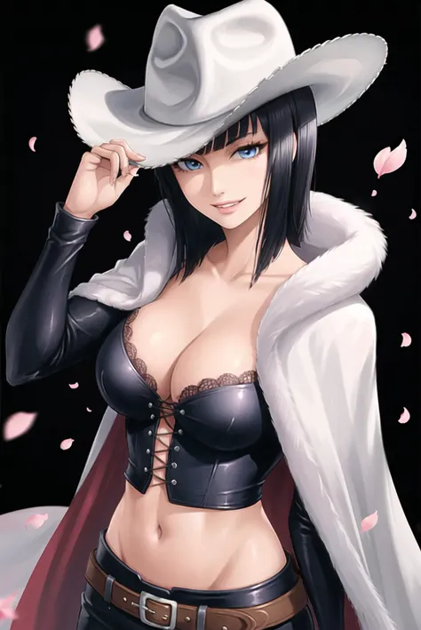 nico robin, 1girl, black bustier, black hair, blue eyes, breasts, bustier, cape, cherry blossoms, cleavage, collarbone, cowboy hat, crop top, cross-laced clothes, eyelashes, fur-trimmed cape, fur trim, grin, hands in hair, hat, large breasts, lips, long hair, looking at viewer, navel, parted lips, petals, simple background, smile, solo, upper body, ((masterpiece)) <lora:nico_robin_pre_timeskip_offset:1>
