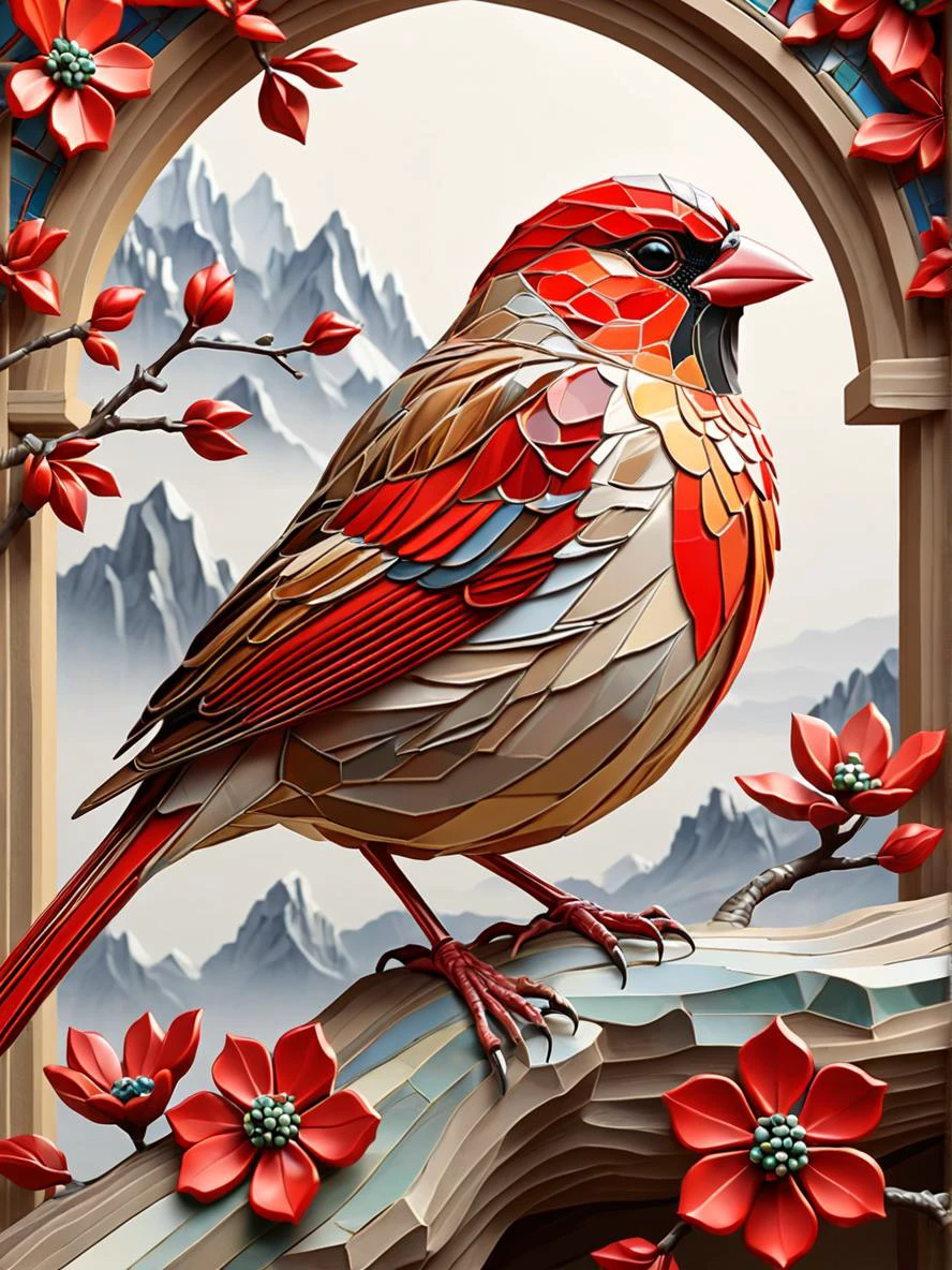 (Religious Vector image:1.3) of (Sketched:1.3),(Peaceful:1.3) Bright Red, rickety,serene,human,cute, National Geographic photo of Colorful Feiyi Sparrow extremely detailed, fantasy art, medieval, intricate, high quality, HD, masterpiece, best quality, hyper detailed, ultra detailed, super realistic, perfect face, perfect hands, illustration, mosaic calm Crag dreamy weather <lora:ral-vbrntacyl-sdxl:1> ral-vbrntacyl,(by Artist Georgia OâKeeffe:1.3),(Flat style:1.3),Illustration,Behance,(Ukiyo-E:1.3),(Mono Color:1.3)