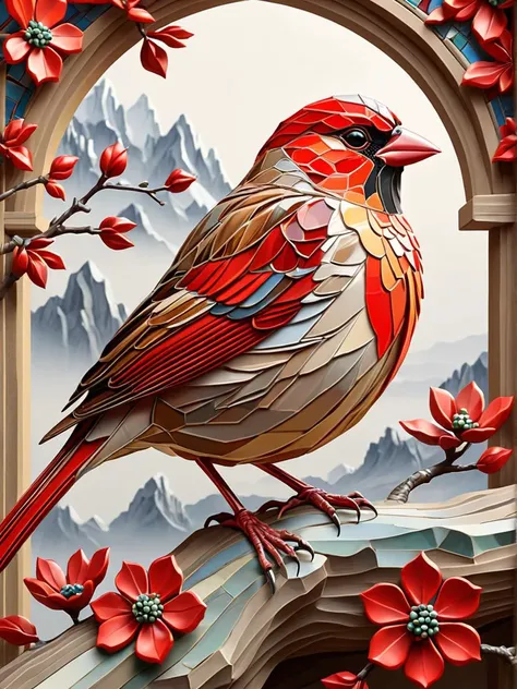 (Religious Vector image:1.3) of (Sketched:1.3),(Peaceful:1.3) Bright Red, rickety,serene,human,cute, National Geographic photo  of Colorful Feiyi Sparrow  extremely detailed, fantasy art, medieval, intricate, high quality, HD, masterpiece, best quality, hyper detailed, ultra detailed, super realistic, perfect face, perfect hands, illustration, mosaic calm Crag dreamy weather <lora:ral-vbrntacyl-sdxl:1> ral-vbrntacyl,(by Artist Georgia OâKeeffe:1.3),(Flat style:1.3),Illustration,Behance,(Ukiyo-E:1.3),(Mono Color:1.3)