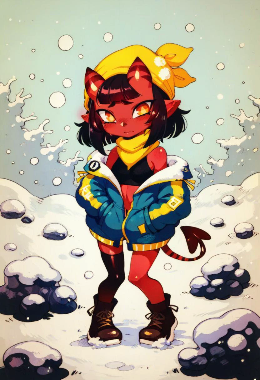 score_9, score_8_up, score_7_up, score_6_up, anime lineart, nude,
BREAK
knees together, sweaty, embarrassed, blushing,
BREAK
Meruccubus, meru, Merunyaa, demon girl, red skin,
BREAK
Bandana Scarf, Bare Shoulders, Jacket With Hood, Asymmetrical Legwear, snowy field,
<lora:SplatoonXLLocon:0.85>, <lora:GraphiteSketch:0.5>, gr4ph1t3, monochrome