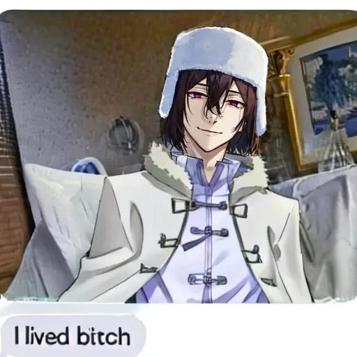 <lora:Fyodor_Dostoyevsky:1>, 1boy, solo, male focus, black hair, medium hair, magenta eyes, smile, ushanka, hair between eyes,