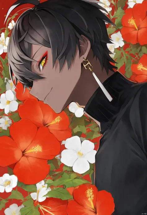 score_9, score_8_up, score_7_up, score_6_up, 1boy, male focus, solo, jewelry, earrings, black hair, smile, looking at viewer, eyeshadow, yellow eyes, red background, ahoge, makeup, closed mouth, flower, dark-skinned male, dark skin, black shirt, shirt, sideways glance, floral background, turtleneck, profile, red eyeshadow, short hair, hair between eyes, single earring