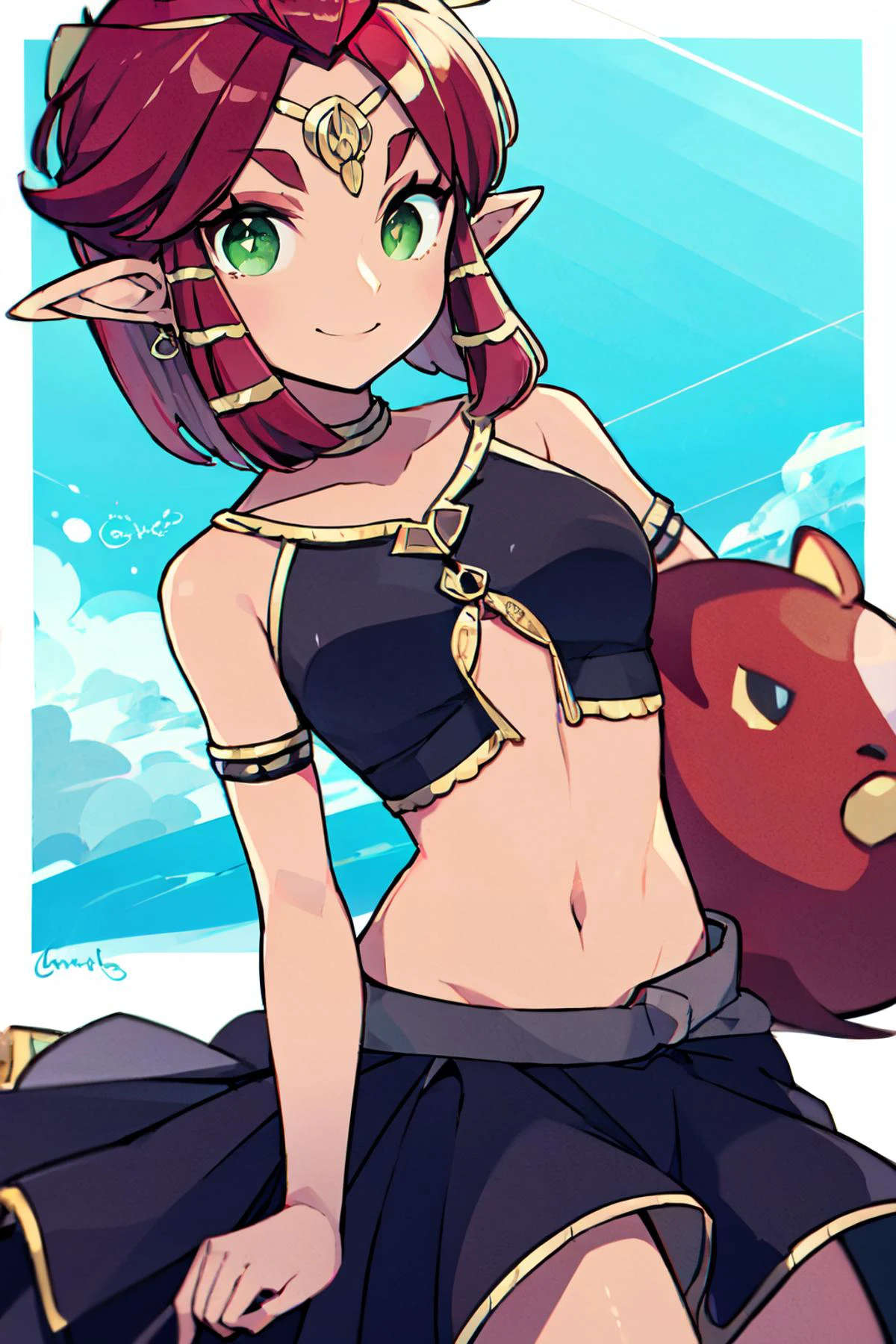 ((masterpiece,best quality)), absurdres, <lora:Chon33v_Style:0.8>, BREAK, , BREAK, <lora:Riju_Zelda_TotK:0.7>, Riju_Zelda, red hair, green eyes, dark skin, midriff, black dress,, BREAK, solo, smile, looking at viewer, cowboy shot,
