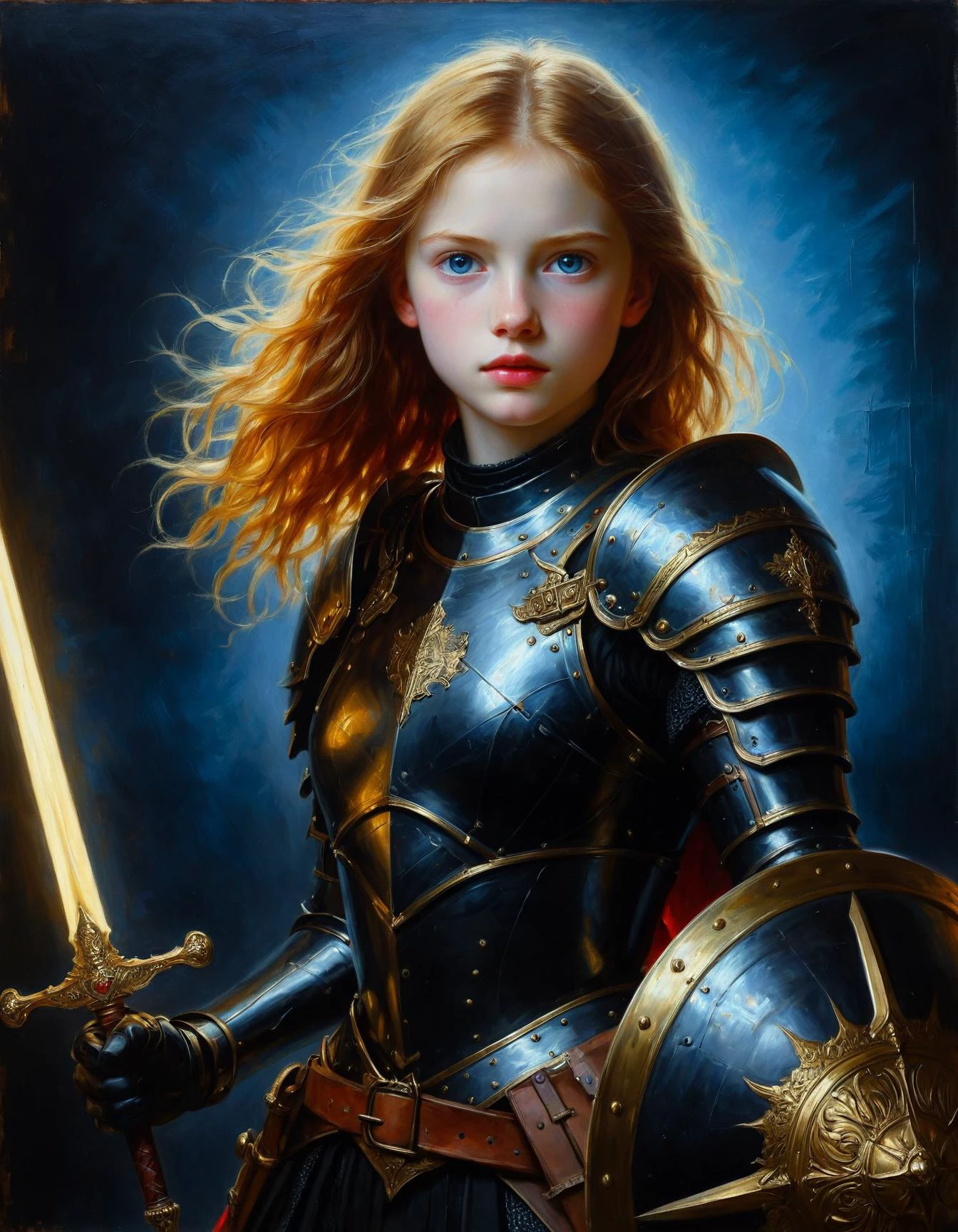 Minimalist painting of a princess wearing a black and gold plate mail armor by Albert Lynch, Abbott Handerson Thayer, close portrait, highly detail, best quality, Sword and shield, glowing, innocent, serene, oil painting, white skin, pale skin, blue eyes, long flowing red hair, ultra detailed, romantic, Rembrandt lighting, brush strokes