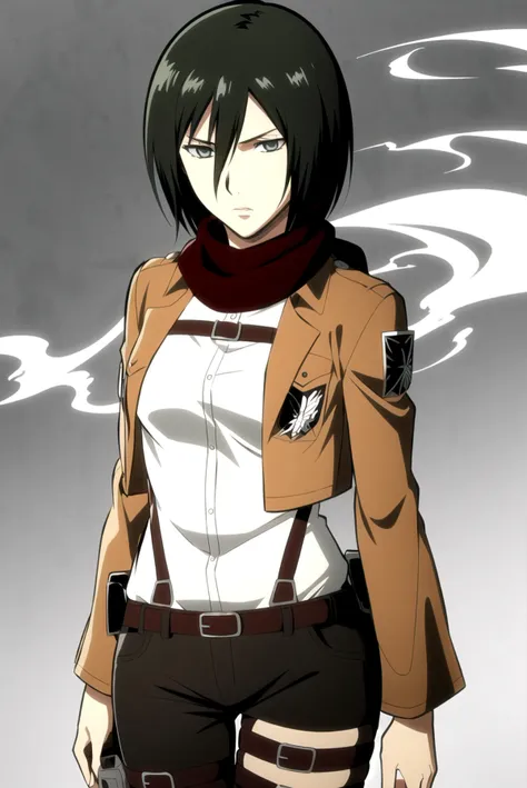 aot style, shingeki no kyojin,
mikasa ackerman,
1girl, arm strap, bangs, black hair, black pants, breasts, cowboy shot, embers, green eyes, grey background, hair between eyes, harness, long sleeves, looking at viewer, medium breasts, pants, red scarf, scarf, shirt, short hair, smoke, solo, thigh strap,  brown jacket, white shirt, survey corps \(emblem\)
, ((masterpiece)), best quality
, <lora:aot_style:0.65>