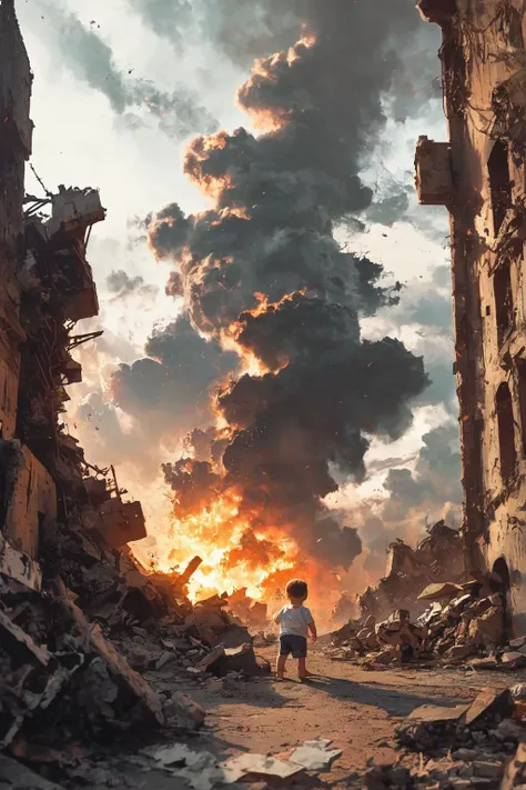 Homeless little boy watching Helicopters and soldiers in sky in destroyed and bombarded city between smoke.