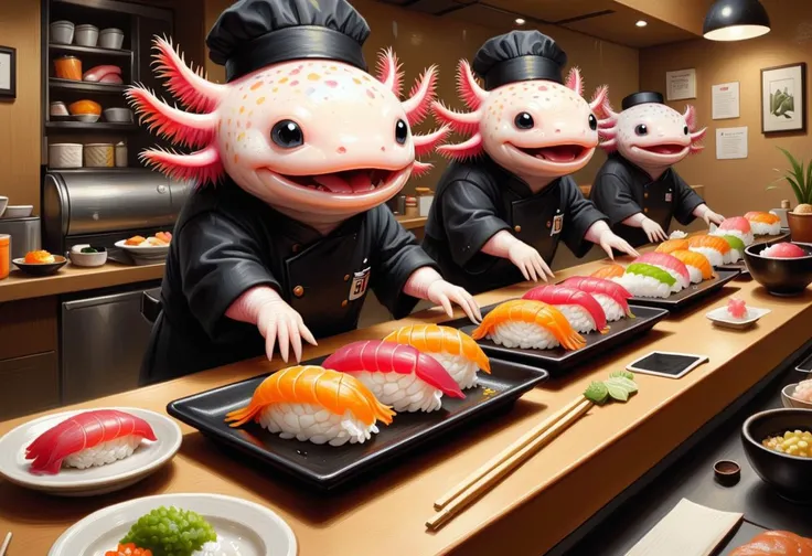 A Elder God Cthulhu enjoying sushi at a Japanese restaurant, accompanied by a warm bottle of sake, in a beautifully lit setting with global illumination.