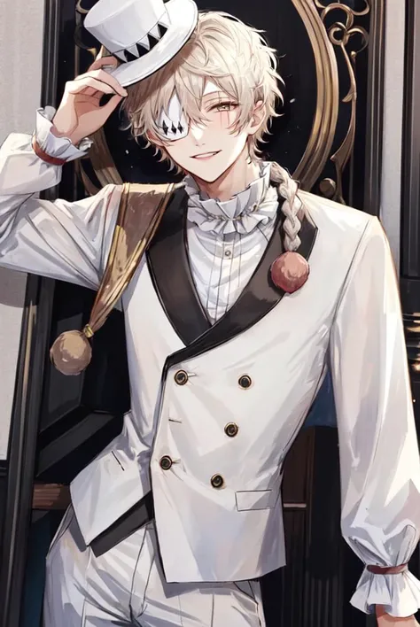 <lora:Nicolai:1>, 1boy, solo, male focus, white hair, braid, hat, top hat, eyepatch, smile, teeth,