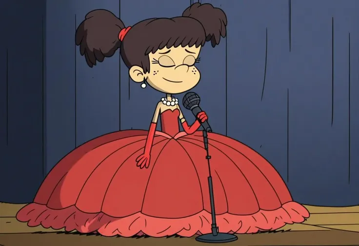 The Loud House Style, 1girl, solo, kimi_finster, dark black hair, twin tails, white skin, princess make up, Very long large floor length wide straight tulle red sweetheart v neckline ball gown hoop skirt, ball gown hoop skirt, red princess dress, hoopdress, white pearl necklace, red diamond earring studs, long elbow length red handless Satin bridal gloves, my big princess gypsy wedding dress, ballgown, a girl in a dress posing like a princess for a picture, looking at viewer, closed eyes, she is posing, she is walking like a quinceanera model, she is holding a microphone and singing on stage in an auditorium