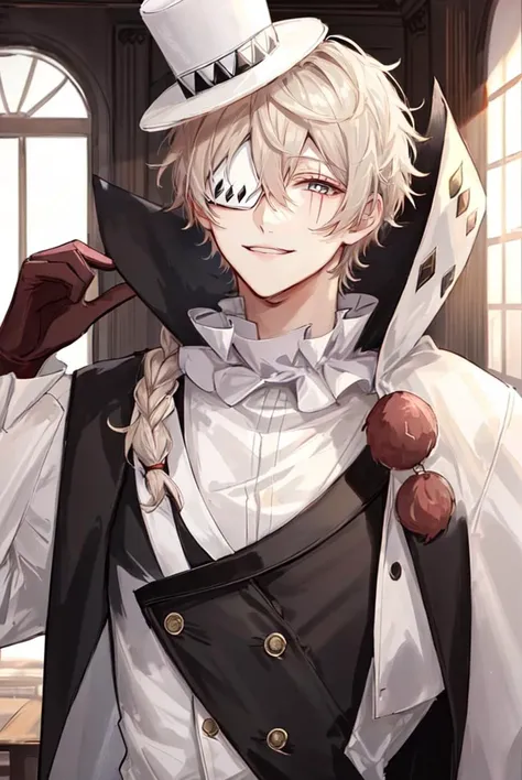 <lora:Nicolai:1>, 1boy, solo, male focus, white hair, braid, hat, top hat, eyepatch, smile, teeth,