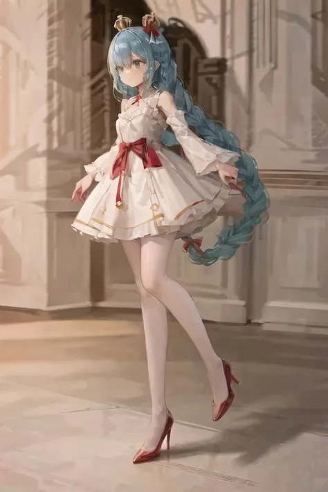 masterpiece, best quality, highres, (solo:1.5), very long hair, blue hair, twin braids, hair ribbon, white hairband, white ribbon, mini crown, blue eyes, bare shoulders, frilled dress, white dress, detached sleeves, white pantyhose, <lora:janus_v1:0.7>
(full body:1.5), 
(red:1.5) high heels,  <lora:high_heeled_v1.0:0.6>