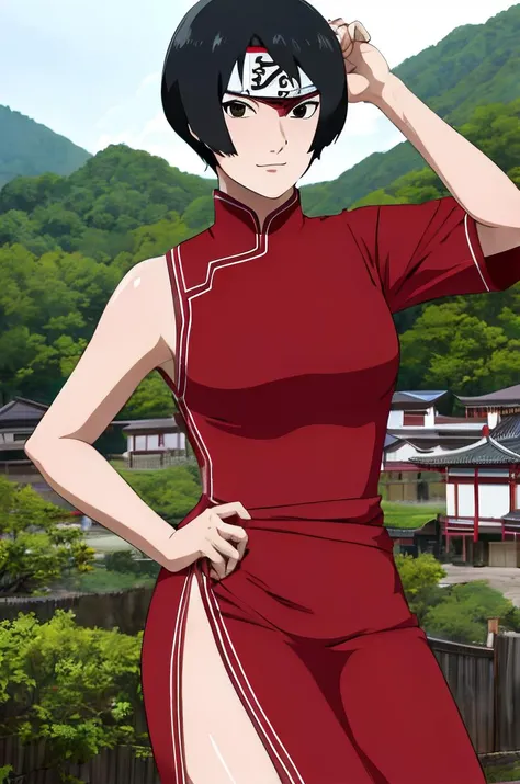 <lora:kurotsuchi_v1.0> kurotsuchi, china dress, side slit, ninja, forehead protector, konoha village, masterpiece, great lighting, photorealistic, 4k, realistic, hq, hd