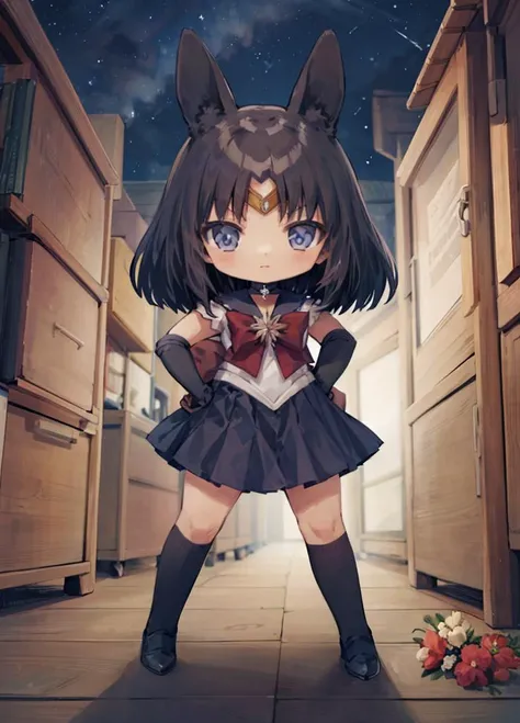 (masterpiece, best quality:1.2),solo,1girl,sailor saturn,detailed eyes,detailed face,tiara,sailor senshi uniform,purple sailor collar,pleated skirt,elbow gloves,jewelry,brooch,choker,chibi,animal ear fluff,rabbit ears,<lora:sailormoon_sailorsaturn-10:1>,night,stars,pubbles,((flowers)) in front,wheels,gears,<lora:neoki-v2-res:1>,full body,(hands on hips),