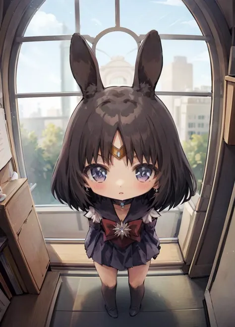 (masterpiece, best quality:1.2),solo,1girl,detailed eyes,sailor saturn,tiara,sailor senshi uniform,purple sailor collar,pleated mini skirt,elbow gloves,jewelry,brooch,choker,chibi,<lora:sailormoon_sailorsaturn-10:1>,indoors,((big arch window)),glass,animal ear fluff,rabbit ears,<lora:neoki-v2-res:1>,full body,standing,from above,