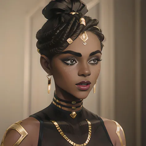 arcane style, 1girl, jewelry, earrings, dark-skinned female, dark skin, solo, letterboxed, freckles, makeup, black hair, brown eyes, choker, short hair, blurry background, lipstick, parted lips, red lips, blurry, thick eyebrows, white teeth, very dark skin, dreadlocks, necklace, indoors, bare shoulders, eyeshadow, hoop earrings, sleeveless, lips, portrait, black choker, very short hair , ((masterpiece)) <lora:arcane_offset:1>