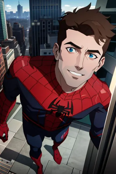 <lora:attire_spider-man-12:0.7>,spider suit, spider web print, spider web, spider-man
Masterpiece, absurdres, fine detail, HDR, ((highly detailed face and eyes)), photorealistic,
focus on eyes,
standing on the roof of a skyscrapper, ((unmasked)), looking at viewer, smiling,  short brown hair, 
new york buildings background,
<lora:dcau_fantasy_offset:1>