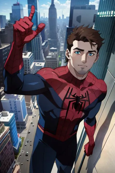 <lora:attire_spider-man-12:1>,spider suit, spider web print, spider web, spider-man
Masterpiece, absurdres, fine detail, HDR, ((highly detailed face and eyes)), photorealistic,
focus on eyes,
standing on the roof of a skyscrapper, ((unmasked)), looking at viewer, smiling,  short brown hair, 
new york buildings background,
<lora:dcau_fantasy_offset:1>