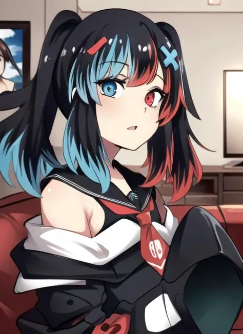 ((best quality)), ((highly detailed)), masterpiece, detailed face, beautiful face, (detailed eyes, deep eyes), (1girl), upper body, <lora:Switchchan:.8>, Switch-chan, heterochromia, red and blue eyes, inside, in a living room, couch, TV