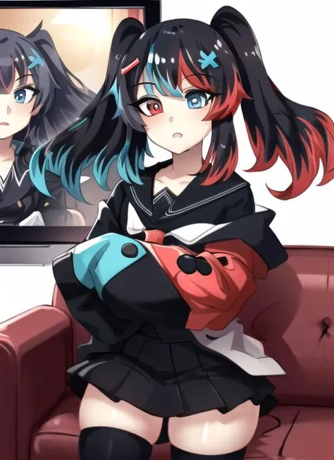 ((best quality)), ((highly detailed)), masterpiece, detailed face, beautiful face, (detailed eyes, deep eyes), (1girl), cowboy shot, <lora:Switchchan:.8>, Switch-chan, heterochromia, red and blue eyes, inside, in a living room, couch, TV