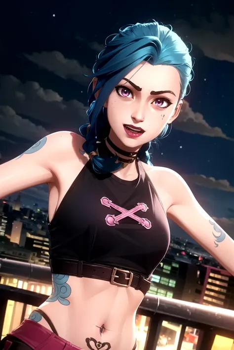 arcane style,
1girl, arm tattoo, asymmetrical bangs, bangs, blue hair, braid, brown shirt, cloud tattoo, looking at viewer, laughing, crazy, uncontrollable laugh, mad look, night, city, green hair, long hair, midriff, pink eyes, red lips, shirt, solo, standing, tattoo, twin braids, upper body, arcane jinx, jinx \(league of legends\)
<lora:arcane_offset:1>