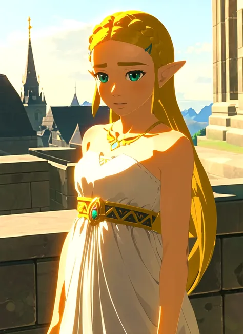 botw style, princess zelda, 1girl, bangs, blonde hair, breasts, white dress, hair ornament, bare shoulders, green eyes, jewelry, long hair, (town), outdoors, pointy ears, small breasts, solo, standing, upper body,  ((masterpiece))   <lora:botw_style_offset:1>