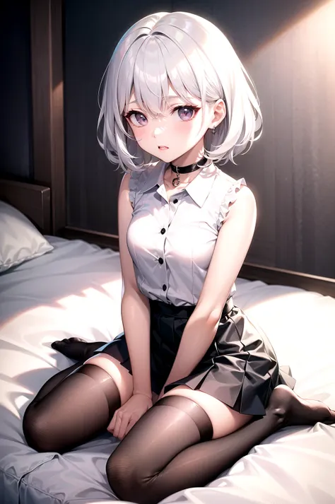 best quality, ultra high res, 1girl, sleeveless white button shirt, black skirt, black choker, cute, (Kpop idol), (aegyo sal:1), (platinum blonde hair:1), ((puffy eyes)), looking at viewer, full body, facing front