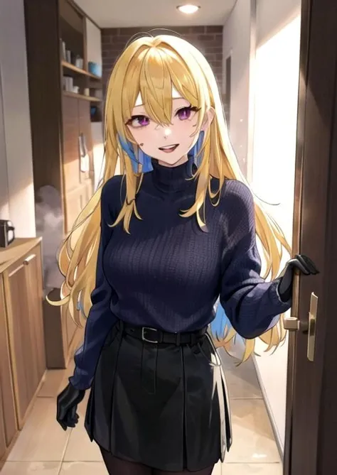 (masterpiece, best quality:1.2), extremely detailed, soft ambient lighting, sharp focus, 4K, BREAK 1girl, tall girl, (long blonde hair, blue colored inner hair:1.2), hikimayu, hair between eyes, purple eyes, small pupils, (crazy eyes, crazy smile), black turtleneck sweater, maxi black skirt, black gloves, black belt, gold buckle, small breasts, <lora:Constricted Pupils5:0.7>, <lora:colored inner hair:1.2>, <lora:(Concept) Eyebrows Maro:0.7>, BREAK <lora:concept-pov_doorway-v1:0.6>, pov doorway, indoors, looking at viewer