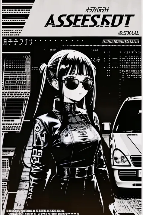 (masterpiece, best quality, hyper detailed), ascii_art, (poster, texts, lettering), upperbody,1girl, twintail hair, black dress, sunglasses, car, <lora:ascii_art-10:0.75>