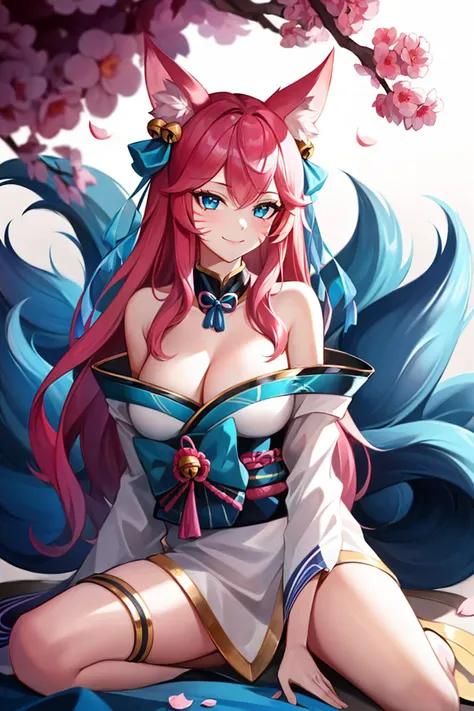 ahri, 1girl, absurdres, ahri_\(league_of_legends\), pink_hair, animal_ear_fluff, animal_ears, bangs, bare_shoulders, bell, breasts, cleavage, facial_mark, fox_ears, fox_girl, green_kimono, hair_bell, hair_ornament, highres, japanese_clothes, kimono, large_breasts, league_of_legends, long_hair, looking_at_viewer, petals, ribbon, signature, smile, solo, spirit_blossom_\(league_of_legends\), spirit_blossom_ahri, wang_bu_chou, whisker_markings <lora:ahriLeagueOfLegends_ahri45:0.6>