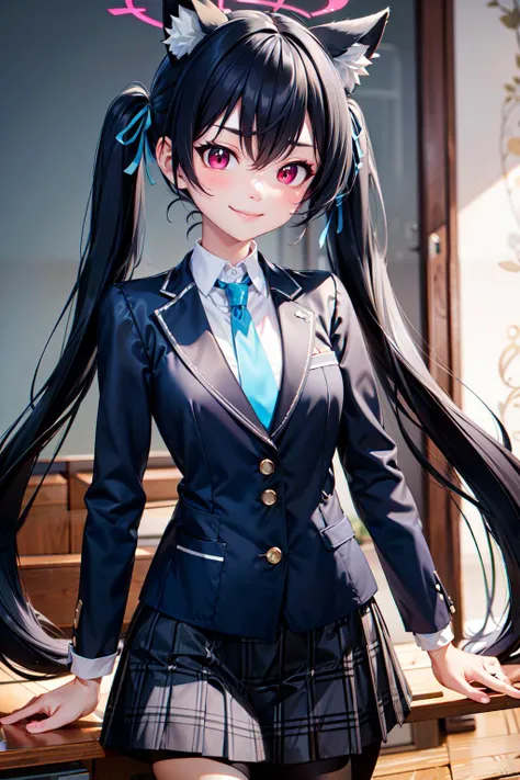 (masterpiece), <lora:Beautiful_CAT_v3:0.8>, best quality, high resolution, highly detailed, perfect lighting, , <lora:Serika_BlueArchive_Citron:0.8>, zzSerika, animal ears, cat ears, black hair, animal ear fluff, long hair, halo, red eyes, twintails, ribbon, hair ribbon, very long hair, extra ears, hair between eyes , blue necktie, collared shirt, long sleeves, plaid skirt, , school uniform, white shirt, , blazer, blue ribbon, black jacket, black gloves, sitting , upper body , solo, smiling, looking at viewer,, BREAK, hip to the side, hand on hip, contrapposto,