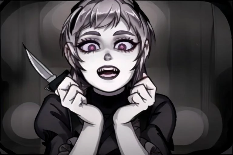Faces of horor, avasdemon, holding knife, natred, pale skin, open mouth, teeth, pov hands,
