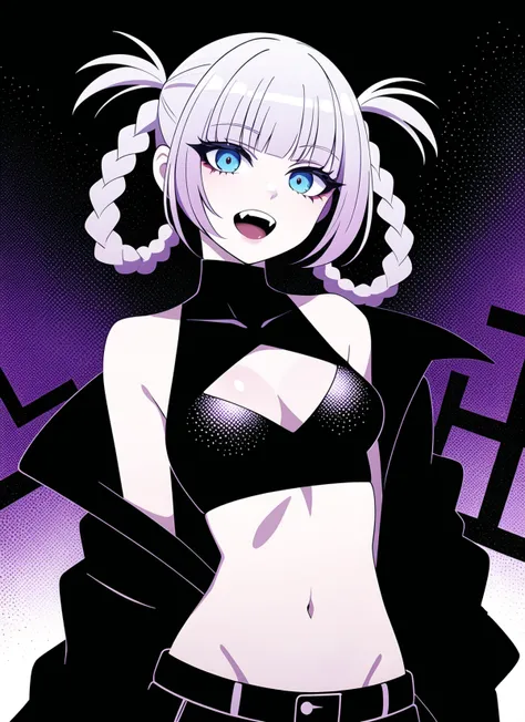 nanakusa nazuna,
1girl, bangs, black background, black jacket, black shirt, black shorts, blue eyes, blunt bangs, breasts, cleavage cutout, clothing cutout, crop top, eyeshadow, fangs, gradient hair, grey hair, hair rings, jacket, light purple hair, looking at viewer, makeup, multicolored hair, navel, open mouth, red eyeshadow, shirt, shorts, sleeveless, sleeveless turtleneck, sleeveless turtleneck crop top, small breasts, solo, stomach, turtleneck, turtleneck crop top, two-tone hair, vampire, ((masterpiece))
<lora:nanakusa_nazuna_offset:1>