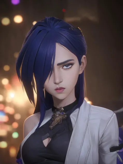((masterpiece)), Acheron, Honkai Star Rail, Arcane,((arcane style:1.5)), perfect face, highly detailed eyes, (close up), very sexy, very young, very long purple hair, purple hair, chocker, (bangs), ((hair over one eye)), ((open white cropped jacket)), one bare shoulder, purple eyes, crop top, ((parted lips)), open mouth, cleavage, purple lighting, (in a steampunk city), ((bokeh:1.2)), sharp focus, cinematic, looking at viewer, <lora:arcane_offset:1.2> <lora:yomi:.7>