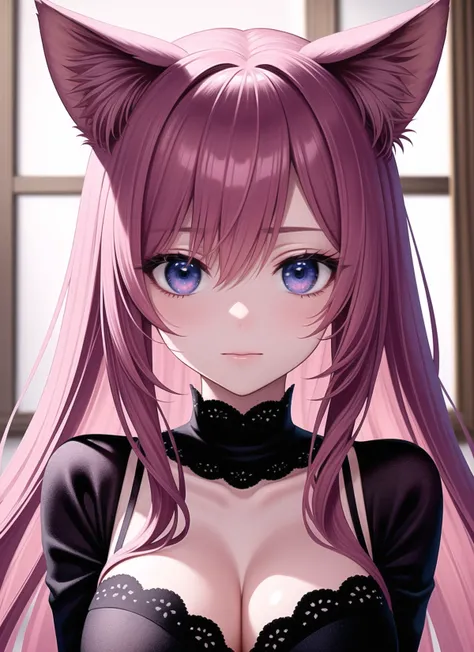 masterpiece, best quality, ultra-detailed, illustration,(1girl),beautiful detailed eyes, looking at viewer, close up, pink hair, shy, cat ears