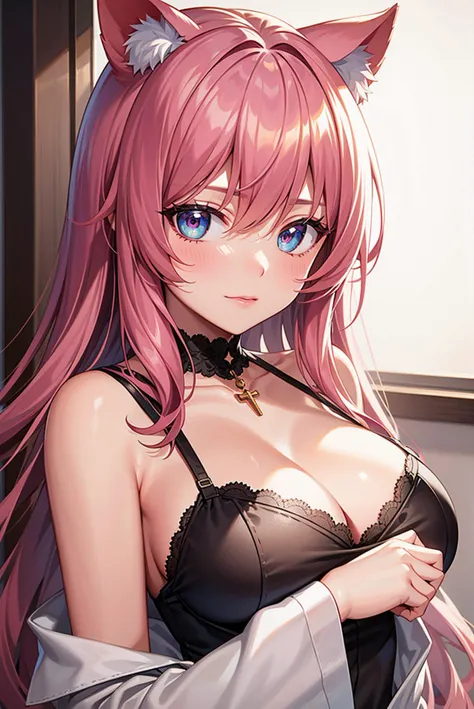 masterpiece, best quality, ultra-detailed, illustration,(1girl),beautiful detailed eyes, looking at viewer, close up, pink hair, shy, cat ears