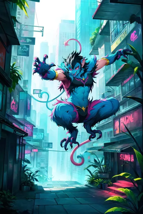 masterpiece, high quality, game illustration, urban jungle environment, full body. focus on cute devil monkey, monster pet, bright blue, red accents, fluff, dynamic pose. colorful, anime style art. <lora:Art Nouveau Graffiti:1>